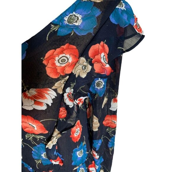 🍒 2/$20 🍒 Navy Blue Floral Sheer Blouse Ruffled Accents  sz M - Picture 3 of 4